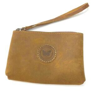 Le Papillion Tan Leather Wristlet / Butterfly Emblem / 4" x 6"